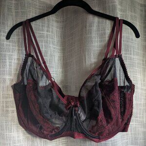 Curvy Kate Dragonfly Black & Wine Mesh & Lace Plunge Bra UK 40H US 40K